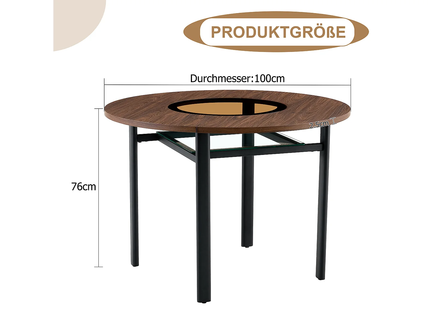 Table à manger ronde pour 2-4 personnes - Plateau en woodgrain marron - Verre + métal + bois MDF