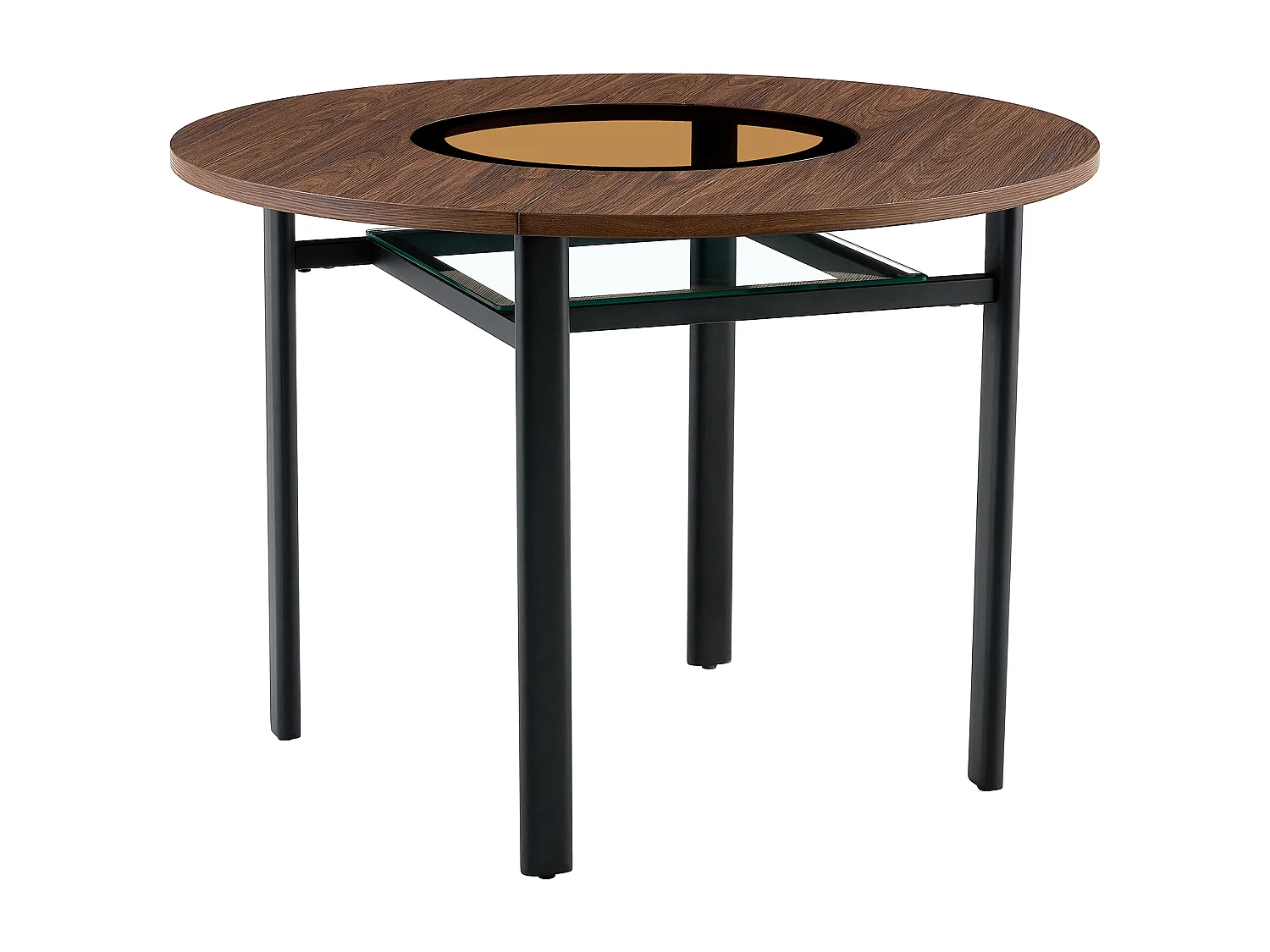 Table à manger ronde pour 2-4 personnes - Plateau en woodgrain marron - Verre + métal + bois MDF