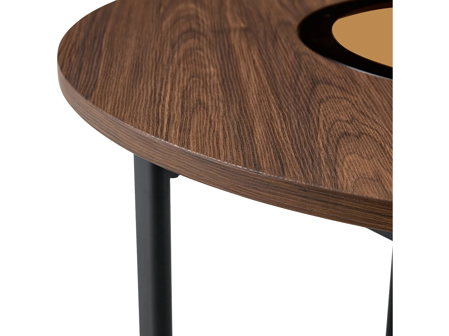 Table à manger ronde pour 2-4 personnes - Plateau en woodgrain marron - Verre + métal + bois MDF