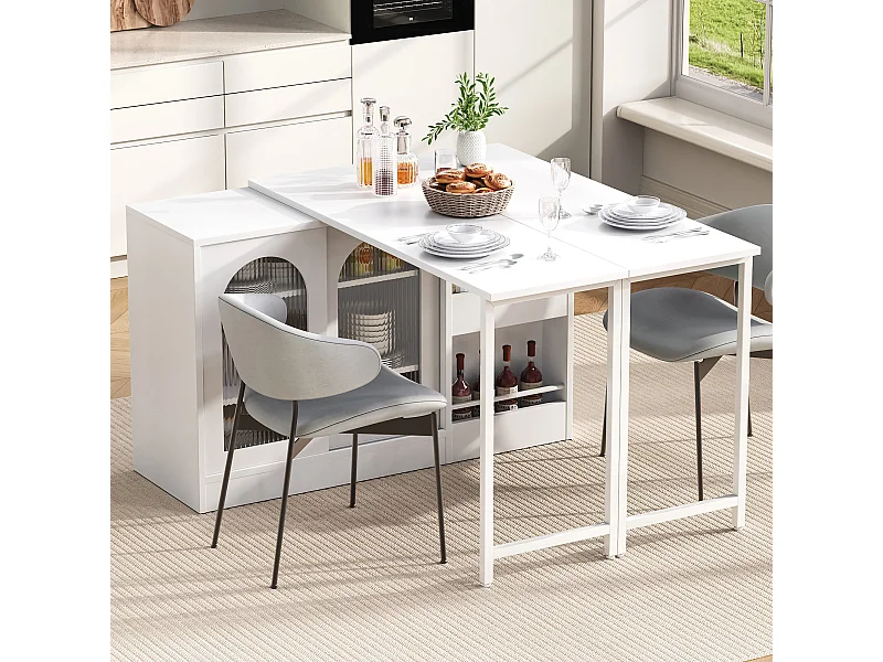 Meuble de bar pivotante avec 2 portes vitrée - Plateau réversible - Blanc