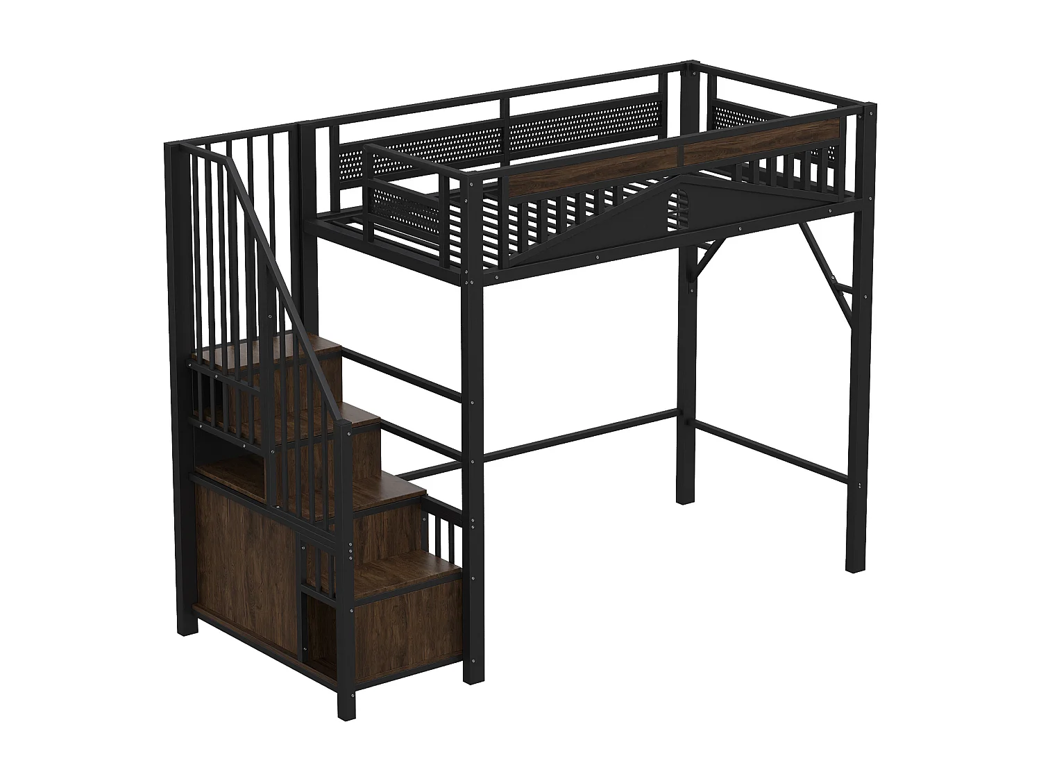 Lit mezzanine enfant 90 x 200 cm avec escalier de rangement - Métal + Bois MDF - Noir et bois foncé