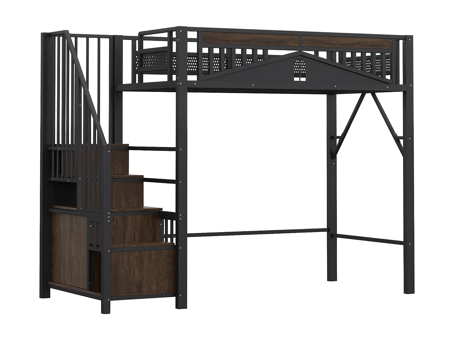 Lit mezzanine enfant 90 x 200 cm avec escalier de rangement - Métal + Bois MDF - Noir et bois foncé