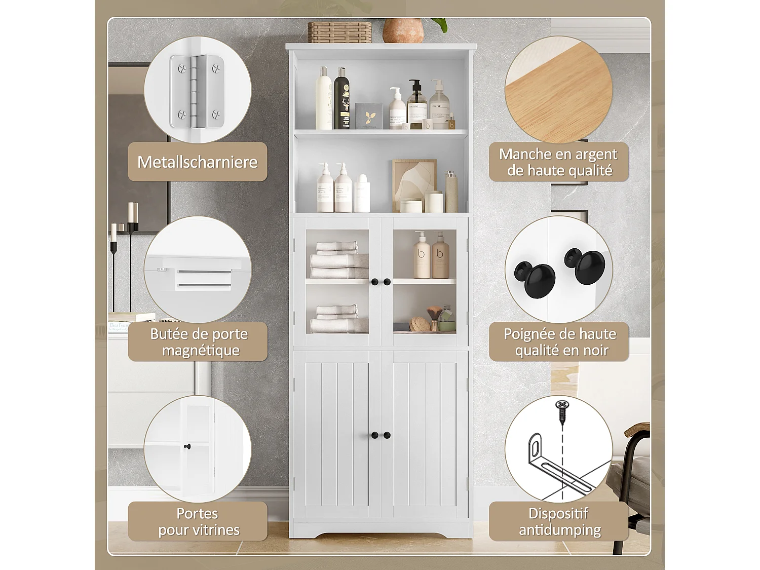 Armário alto para casa de banho com 4 portas - Madeira MDF - Branco