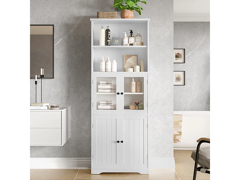 Armário alto para casa de banho com 4 portas - Madeira MDF - Branco