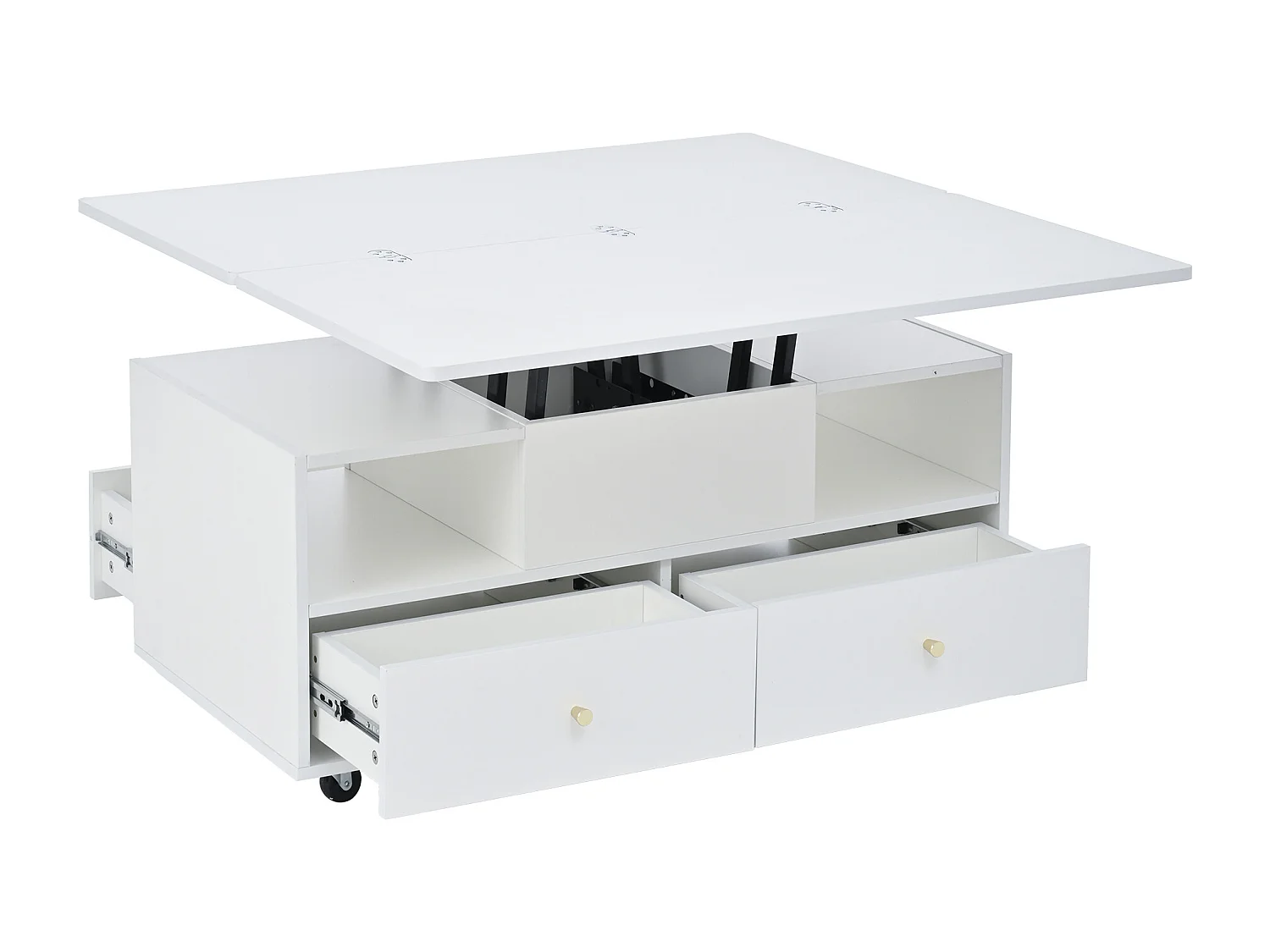 Salontafel met opklapbaar blad op wielen en 4 lades - Wit