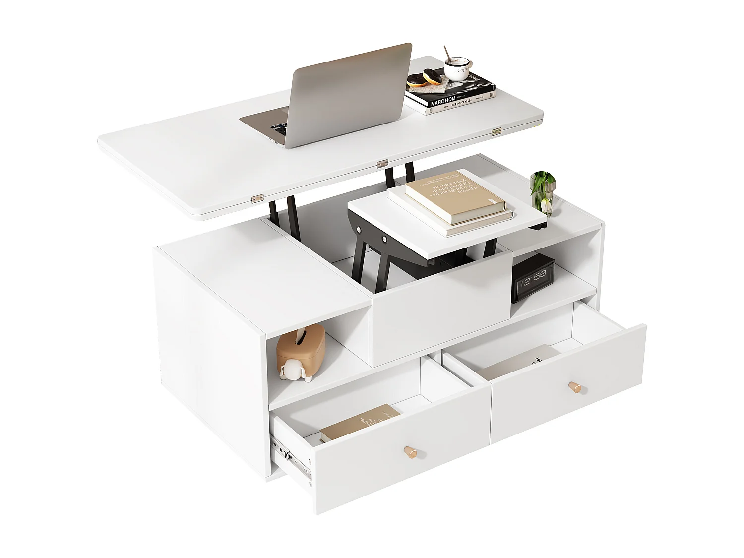 Salontafel met opklapbaar blad op wielen en 4 lades - Wit