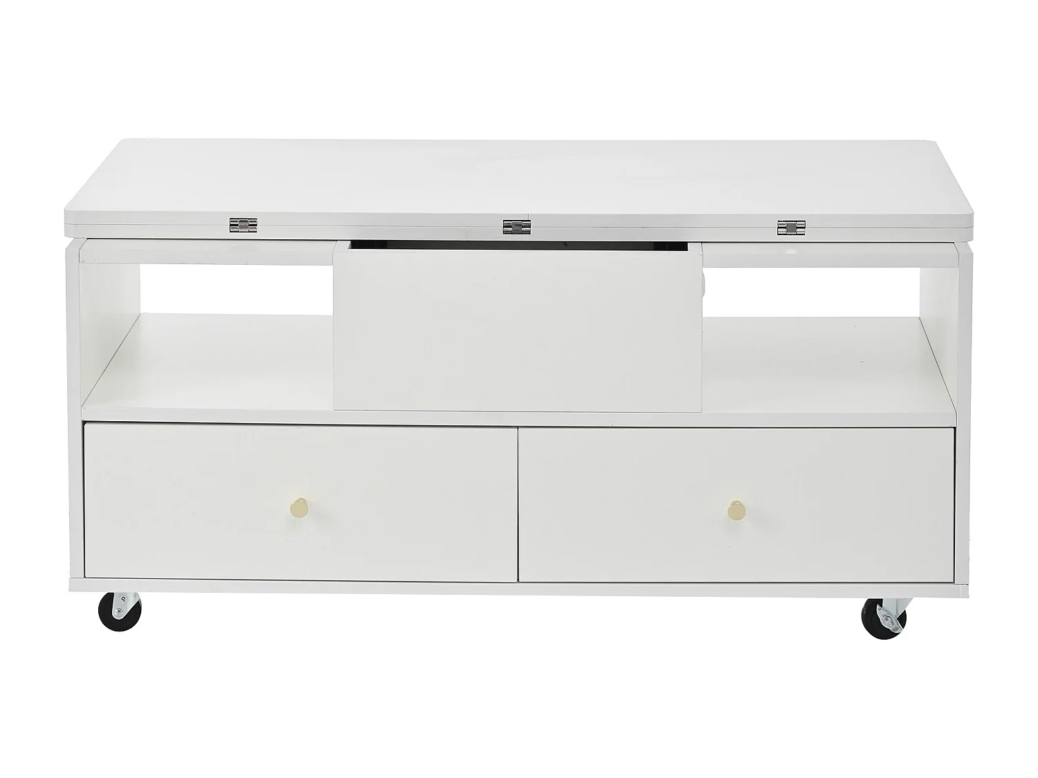 Salontafel met opklapbaar blad op wielen en 4 lades - Wit