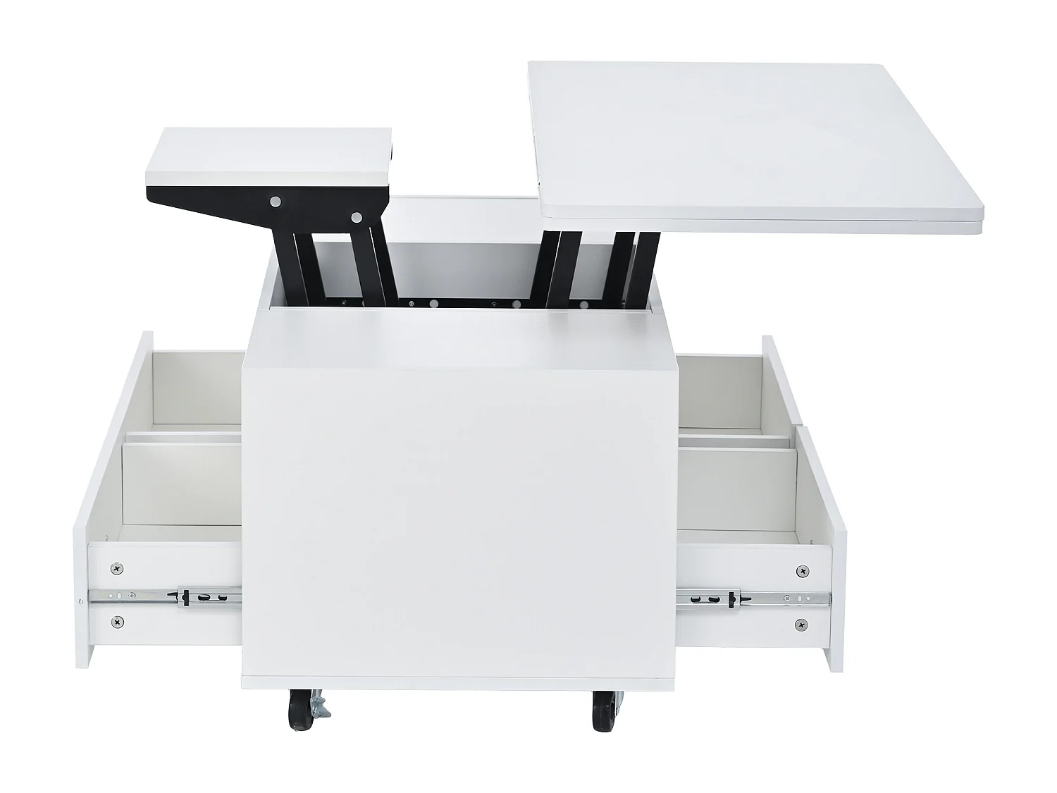Salontafel met opklapbaar blad op wielen en 4 lades - Wit