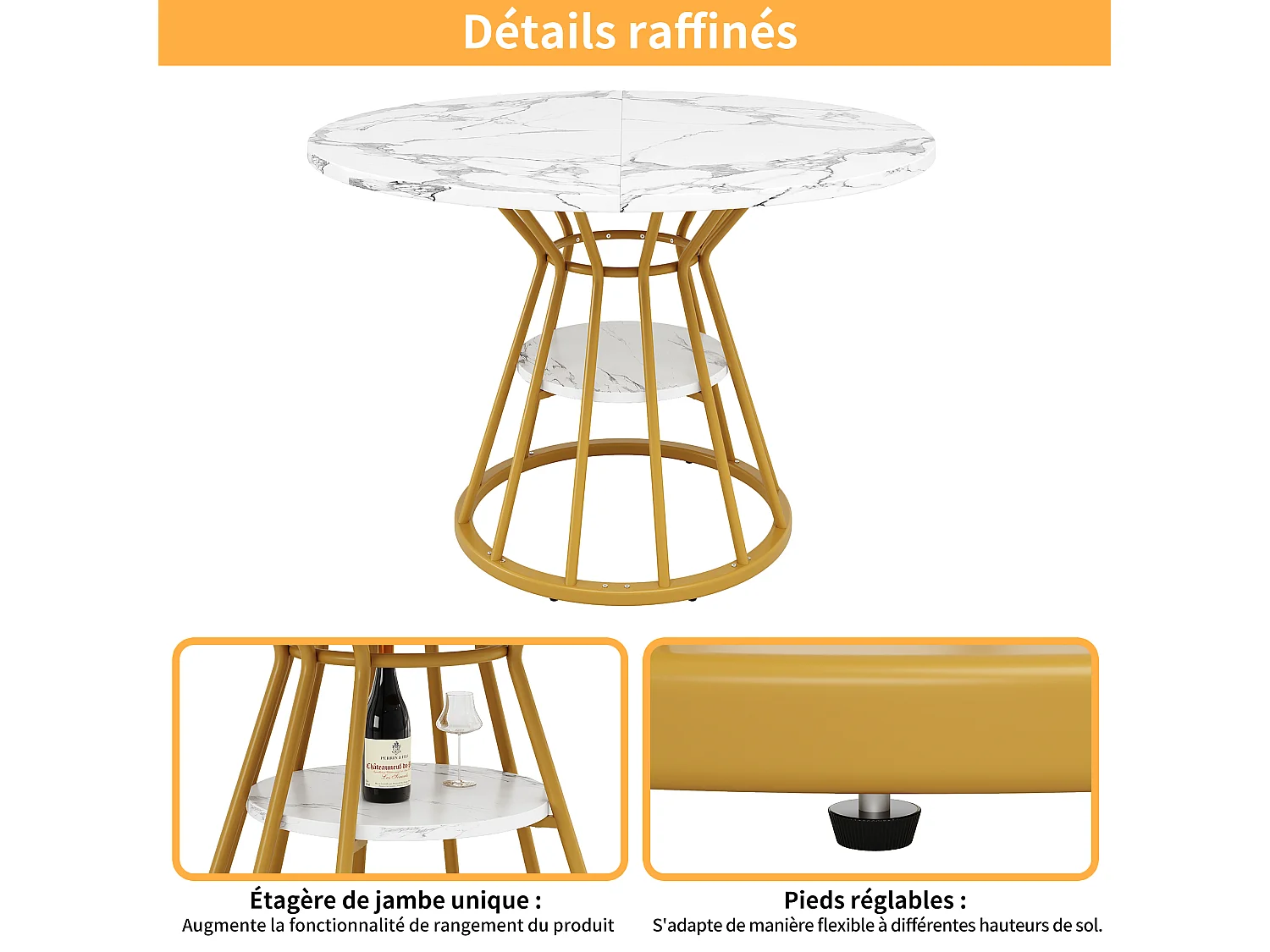 Ronde eettafel met blad in marmerlook - Gouden metalen poten - Wit