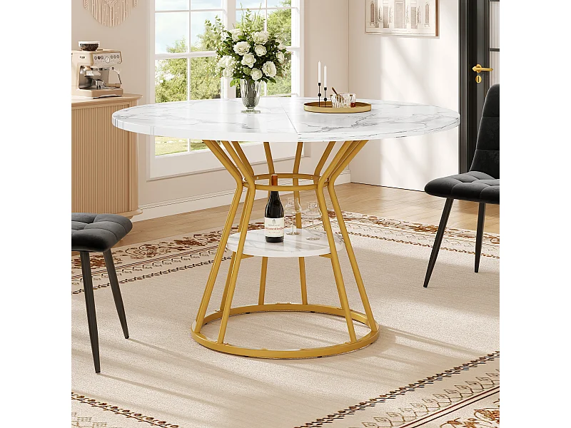 Table à manger ronde avec plateau effet marbre - Pieds en métal doré- Blanc
