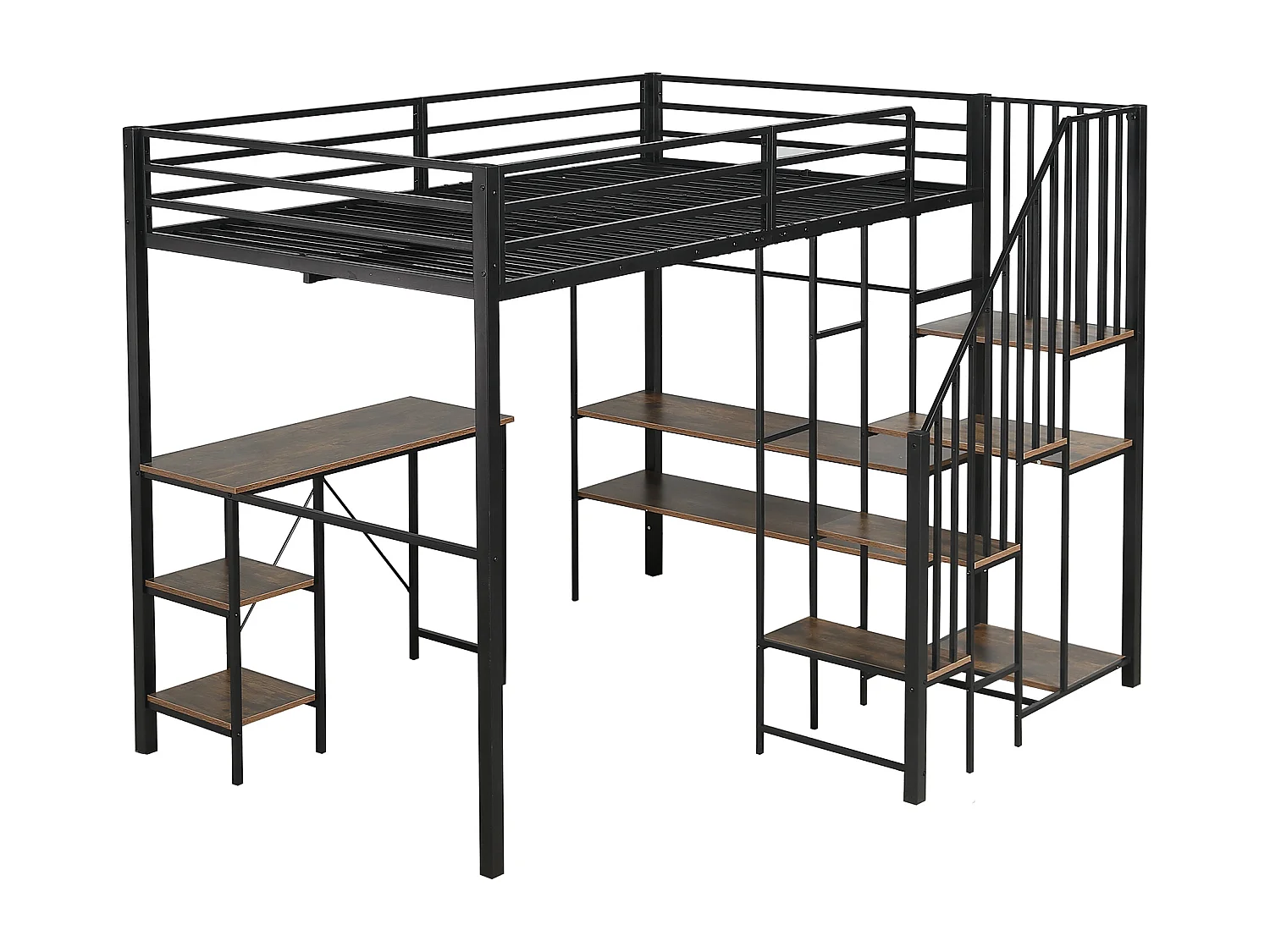 Cama alta de 120x200cm con escritorio, armario abierto y estantería - Metal + madera MDF - Negro y madera oscura