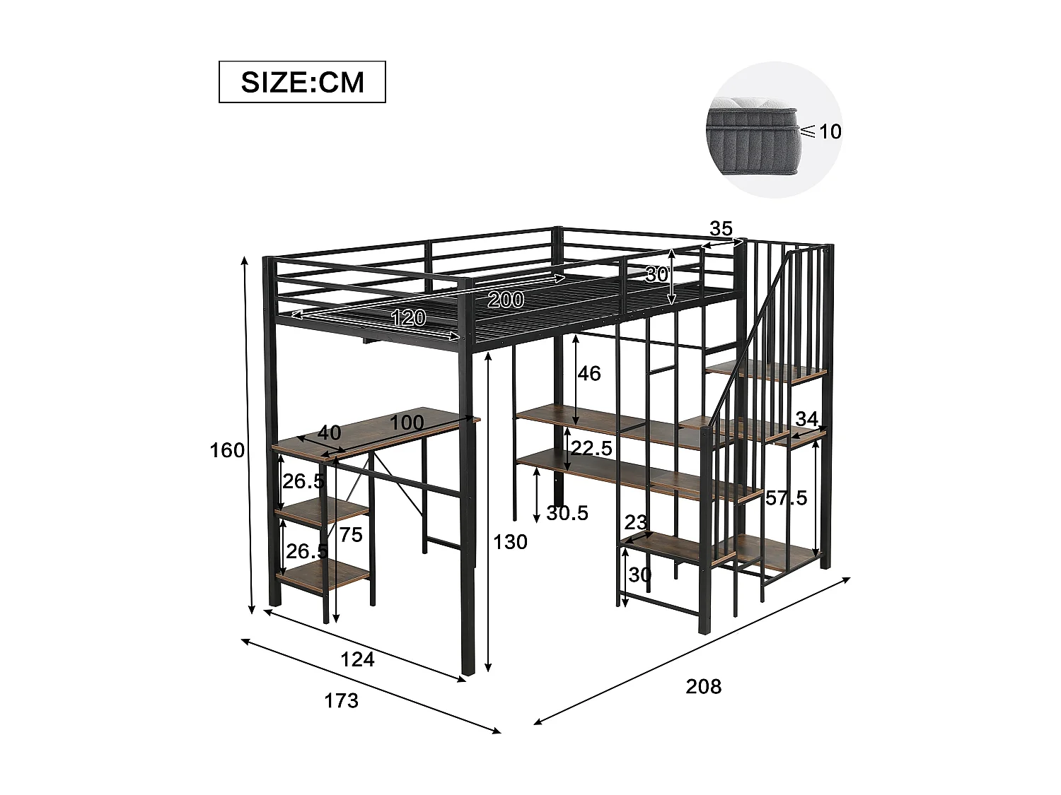 Cama alta de 120x200cm con escritorio, armario abierto y estantería - Metal + madera MDF - Negro y madera oscura
