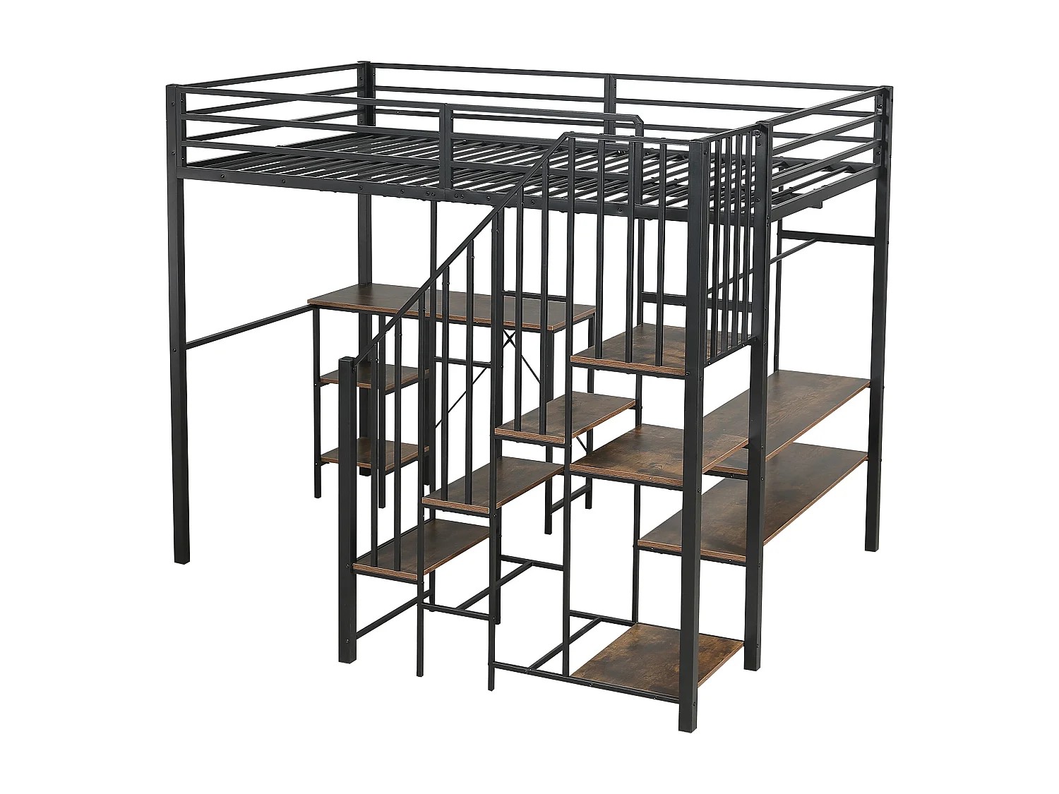 Cama alta de 120x200cm con escritorio, armario abierto y estantería - Metal + madera MDF - Negro y madera oscura