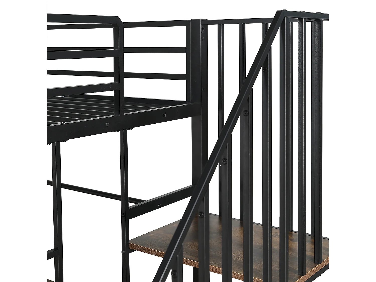 Cama alta de 120x200cm con escritorio, armario abierto y estantería - Metal + madera MDF - Negro y madera oscura