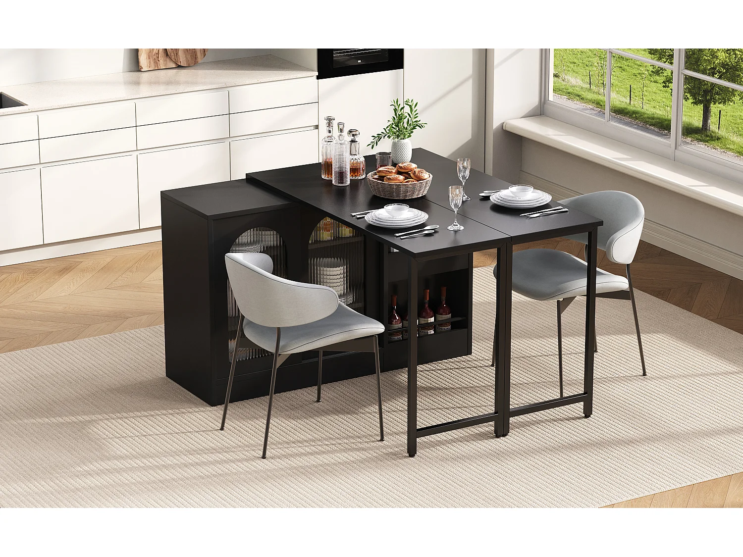 Meuble de bar pivotante avec 2 portes vitrée - Plateau réversible - Noir