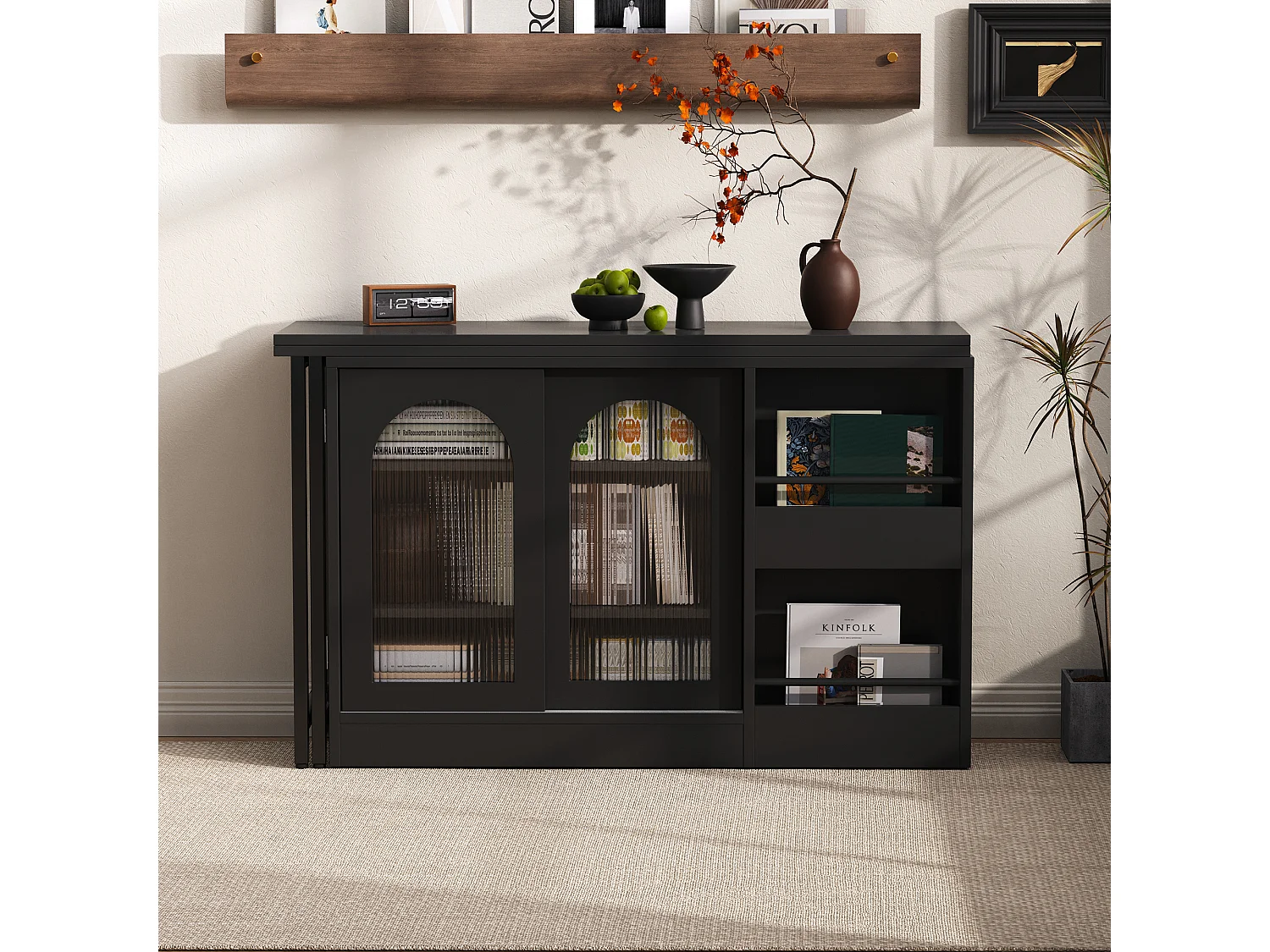 Meuble de bar pivotante avec 2 portes vitrée - Plateau réversible - Noir