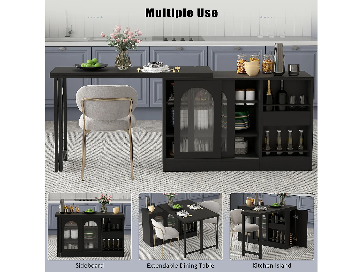 Meuble de bar pivotante avec 2 portes vitrée - Plateau réversible - Noir