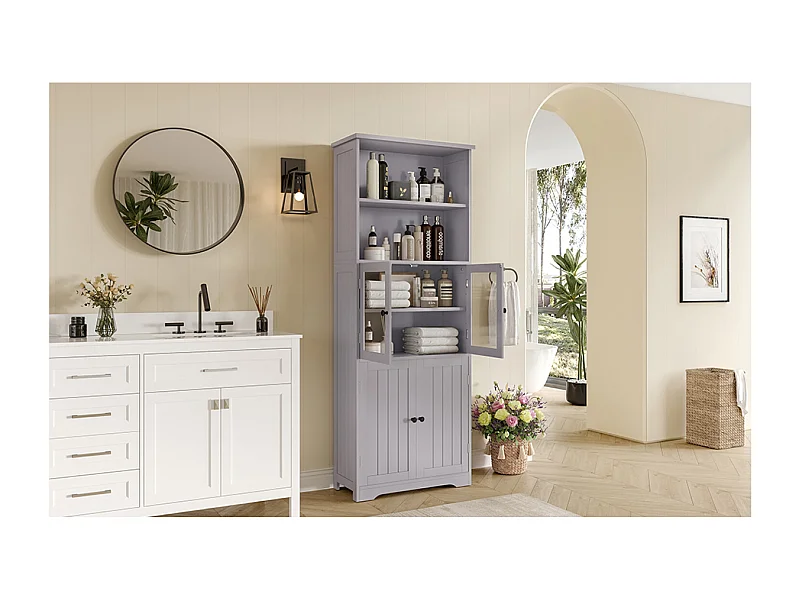 Armário alto para casa de banho com 4 portas - Madeira MDF - Cinza