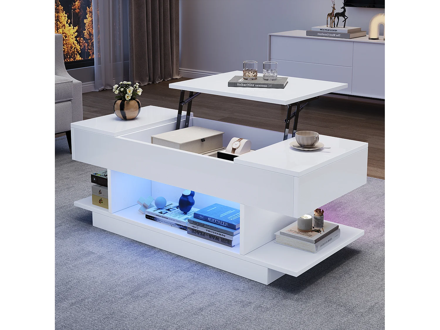 Mesa de centro elevable con almacenaje e iluminación LED - Lacado blanco brillante