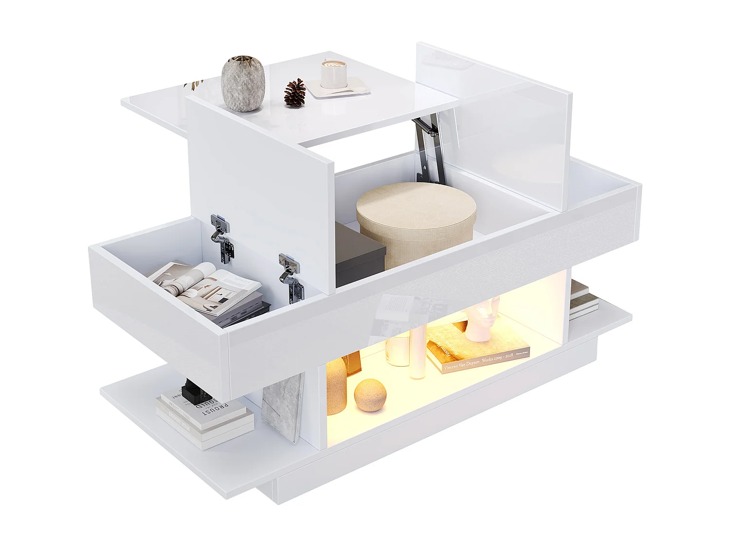 Mesa de centro elevable con almacenaje e iluminación LED - Lacado blanco brillante