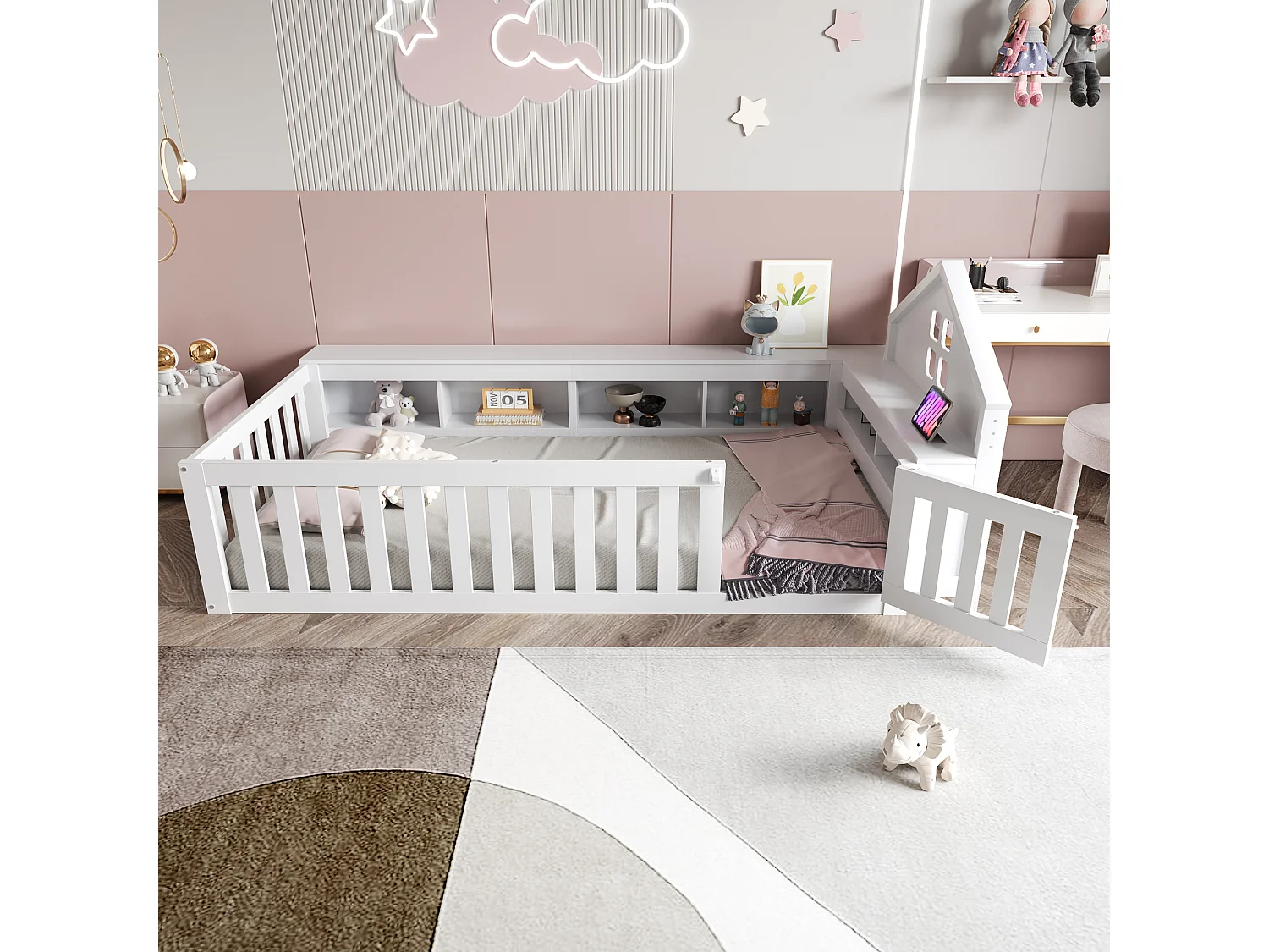 Lit enfant 90x200cm avec rangement et barre de toit - Lit simple en bois - Blanc
