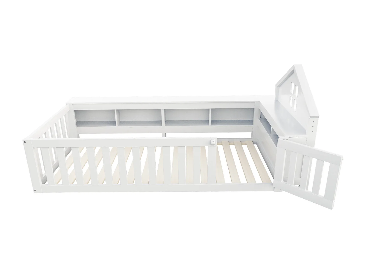 Lit enfant 90x200cm avec rangement et barre de toit - Lit simple en bois - Blanc