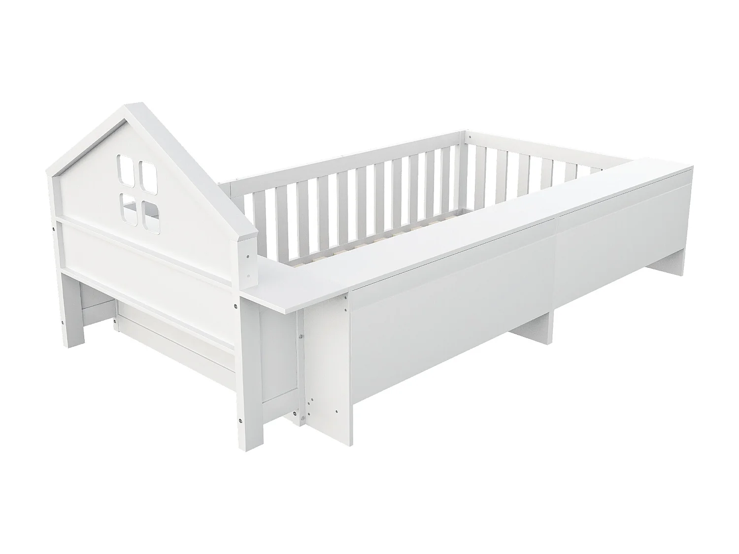 Lit enfant 90x200cm avec rangement et barre de toit - Lit simple en bois - Blanc