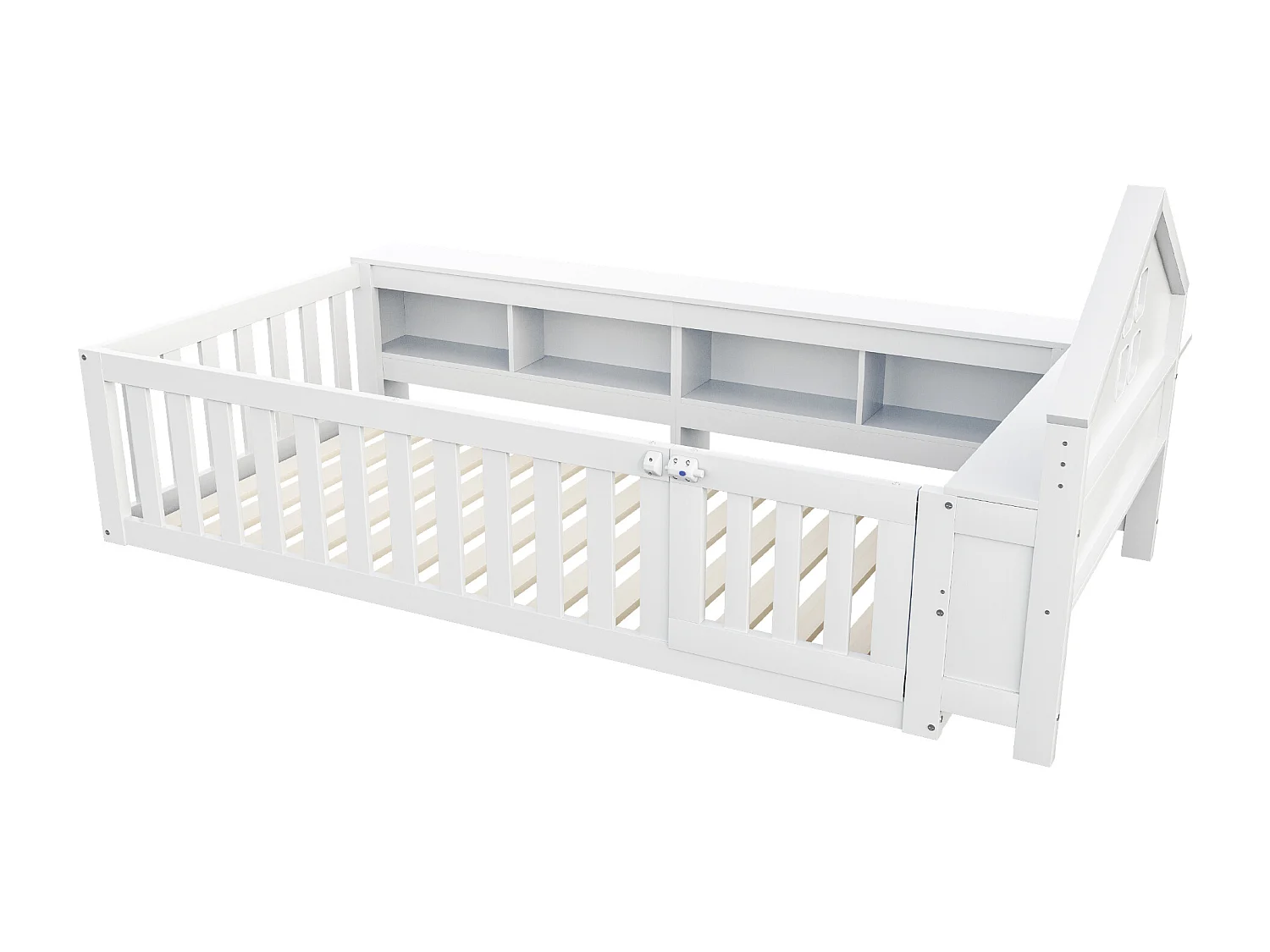 Lit enfant 90x200cm avec rangement et barre de toit - Lit simple en bois - Blanc