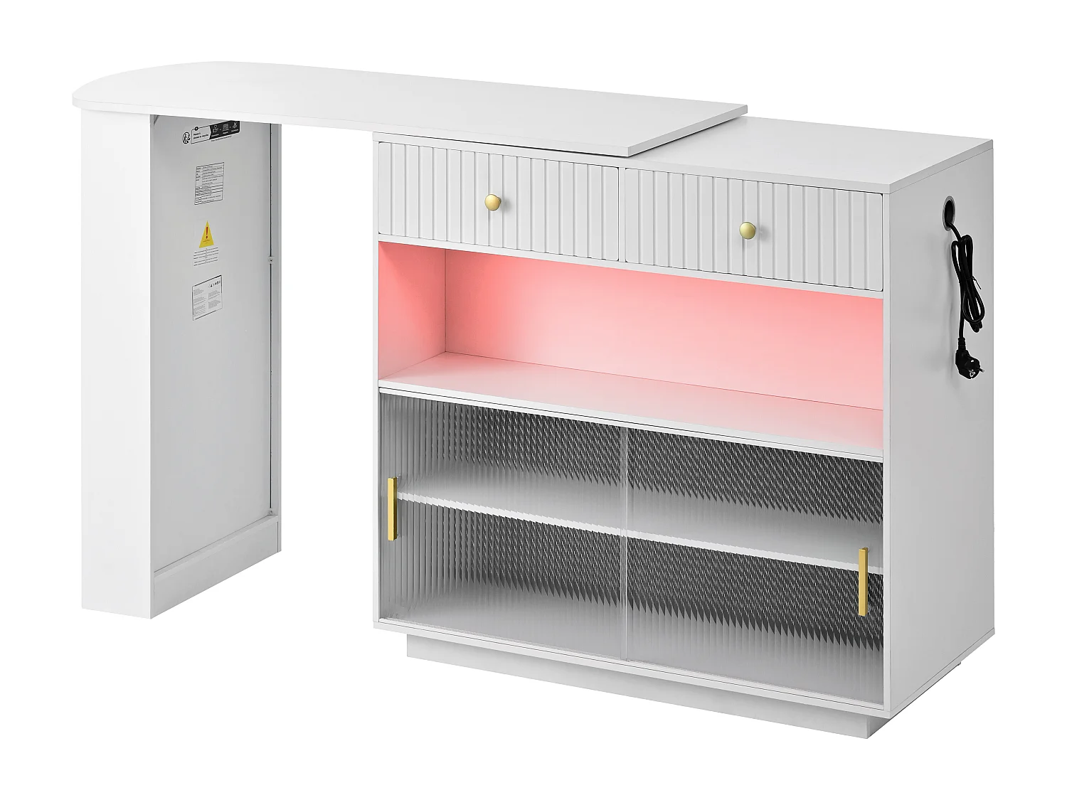 Meuble de bar pivotante avec prises, LED et panneau perforé - Blanc