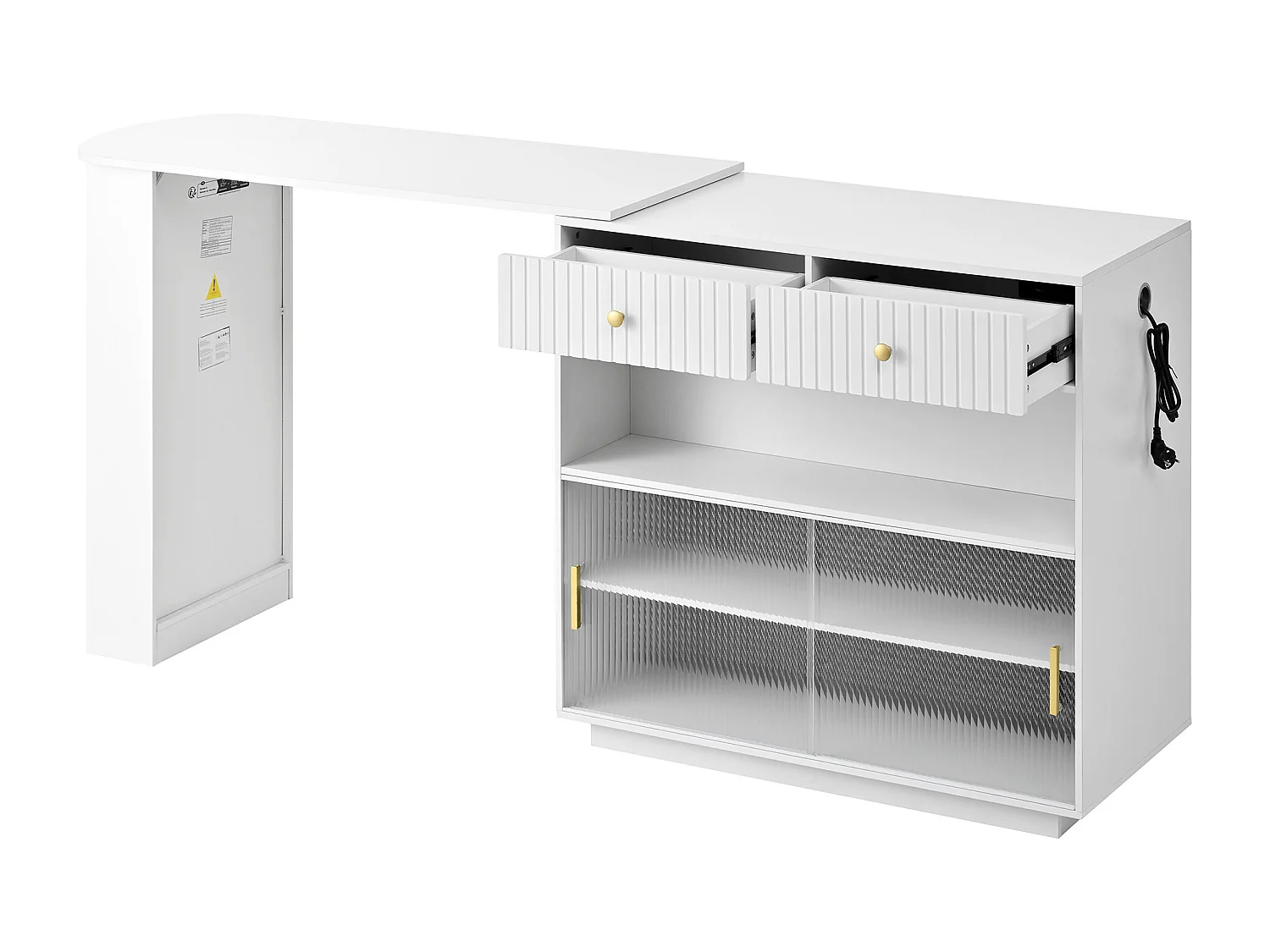 Meuble de bar pivotante avec prises, LED et panneau perforé - Blanc