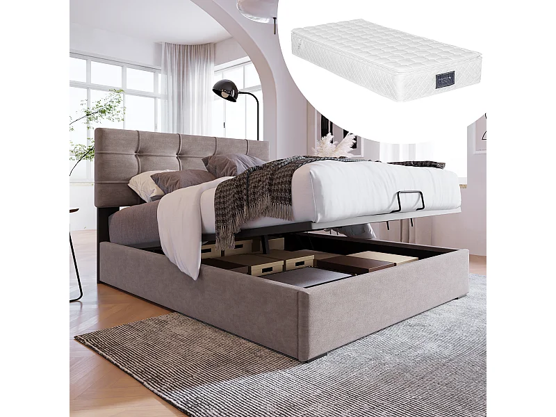 Lit coffre simple 90x200 cm en velours gris clair - Tête de lit réglable (Avec matelas)