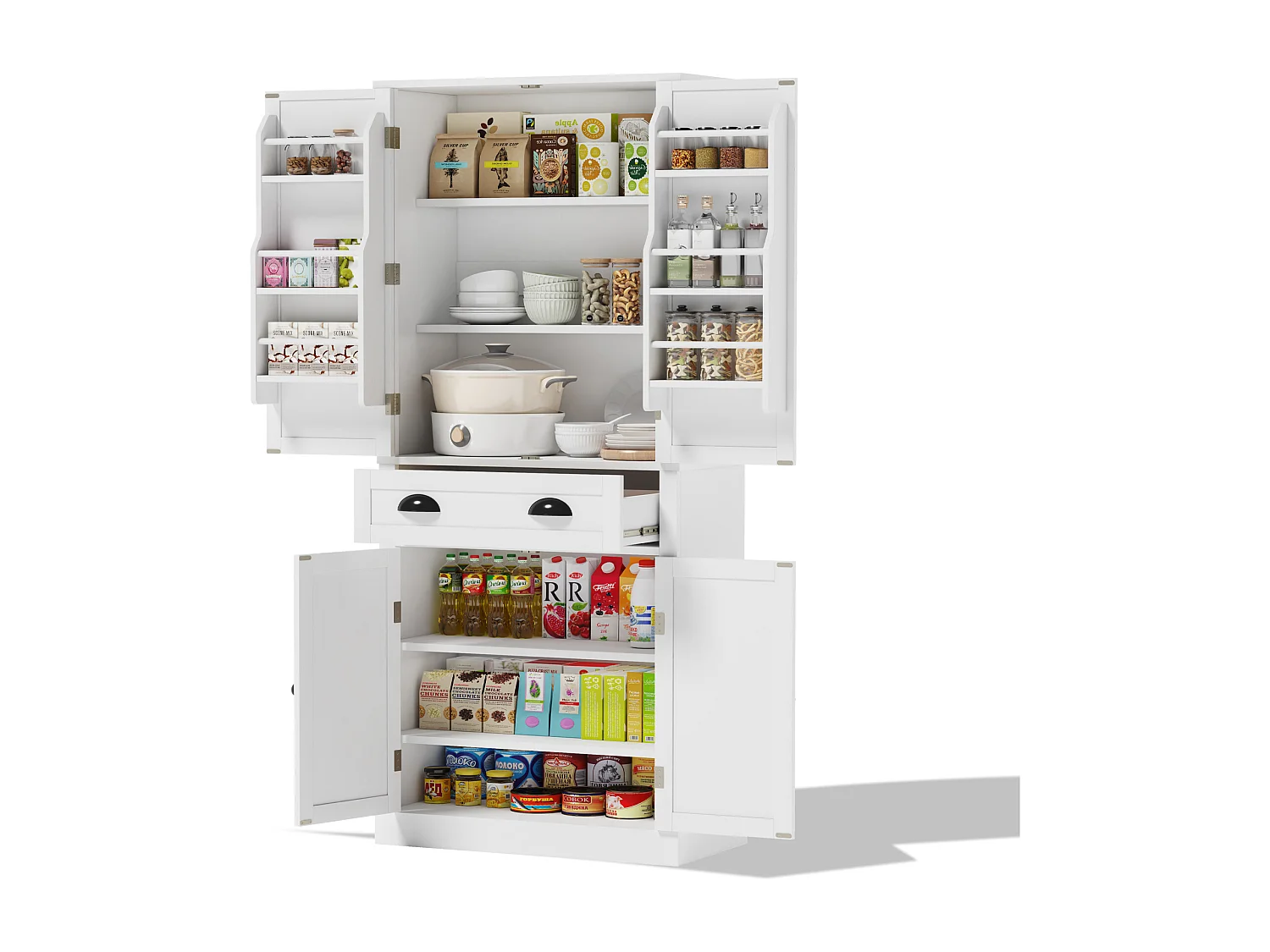 Buffet de cuisine avec 4 portes et tiroir - Etagères réglables - Blanc