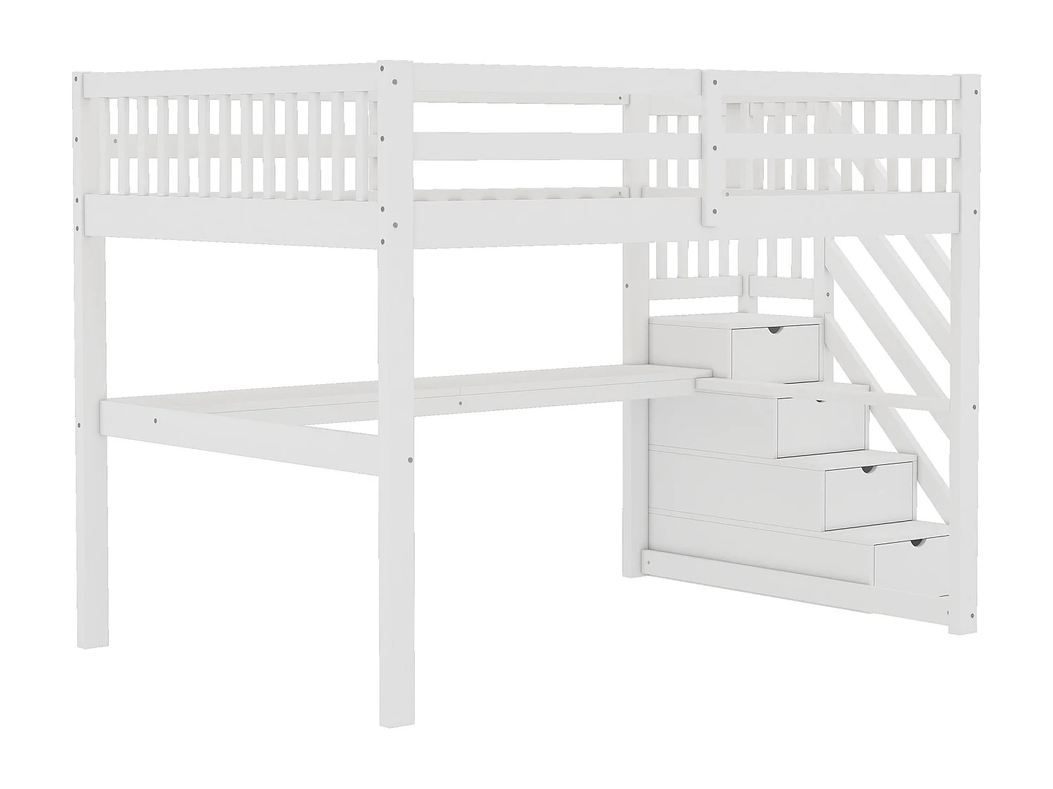 Cama alta infantil 140 x 200 cm con escritorio y escalera de almacenaje - Pino + MDF - Blanco