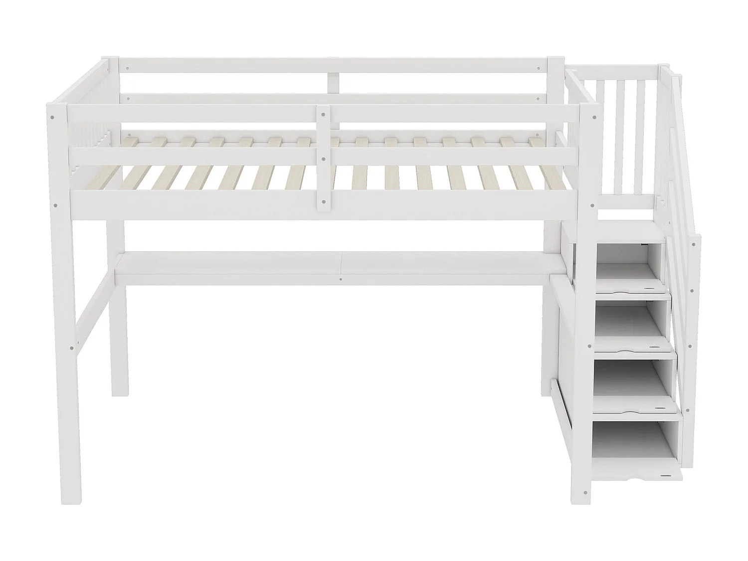 Cama alta infantil 140 x 200 cm con escritorio y escalera de almacenaje - Pino + MDF - Blanco