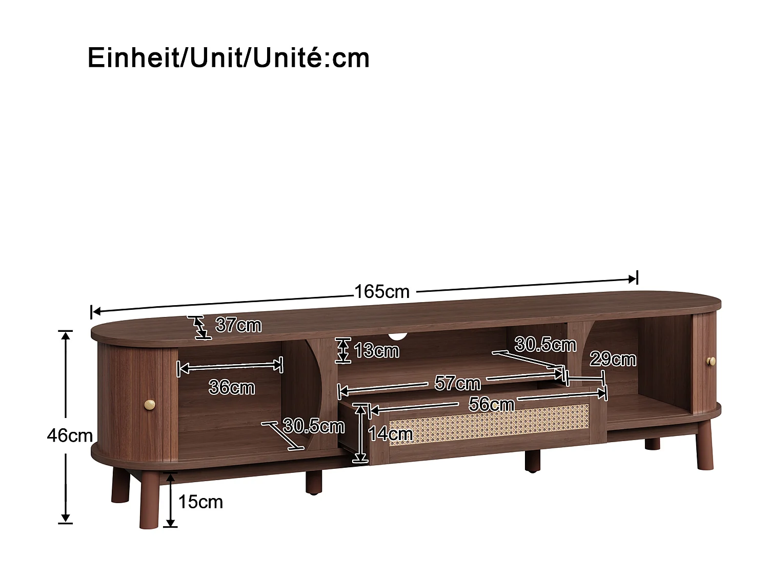 Tv-meubel met 2 deuren en een lade, 165x37x46 cm - Donkere houtkleur