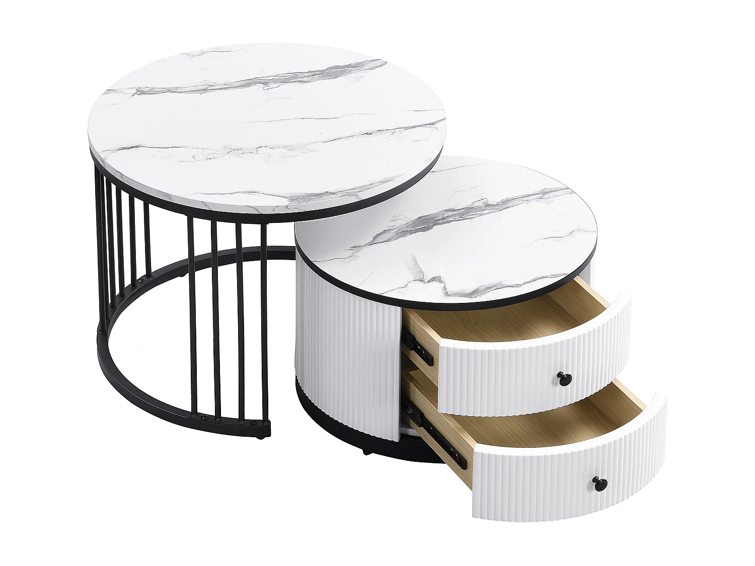 Tables basses gigogne avec 2 tiroirs - Plateau effet marbre brillant - Noir et blanc