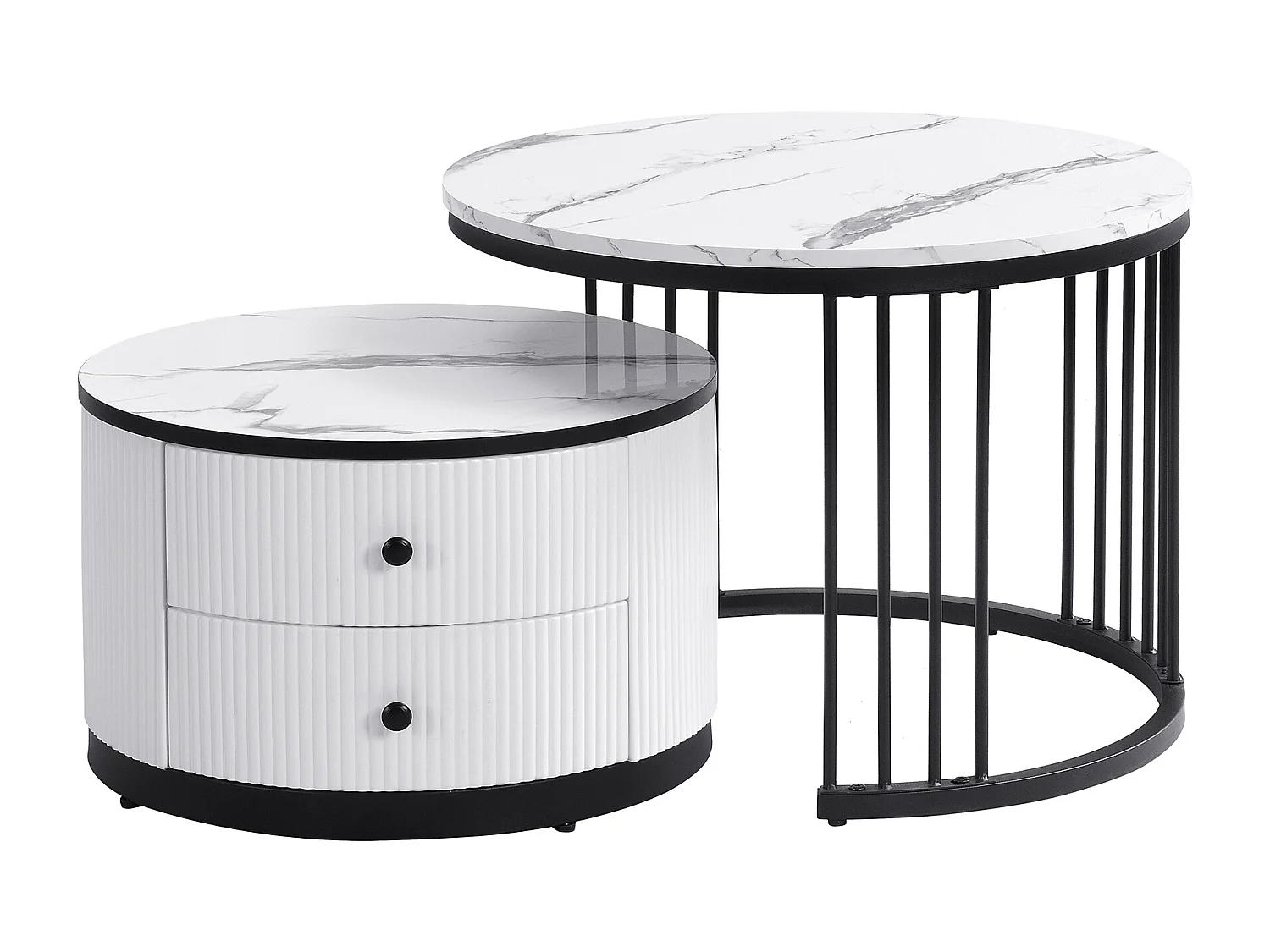 Tables basses gigogne avec 2 tiroirs - Plateau effet marbre brillant - Noir et blanc