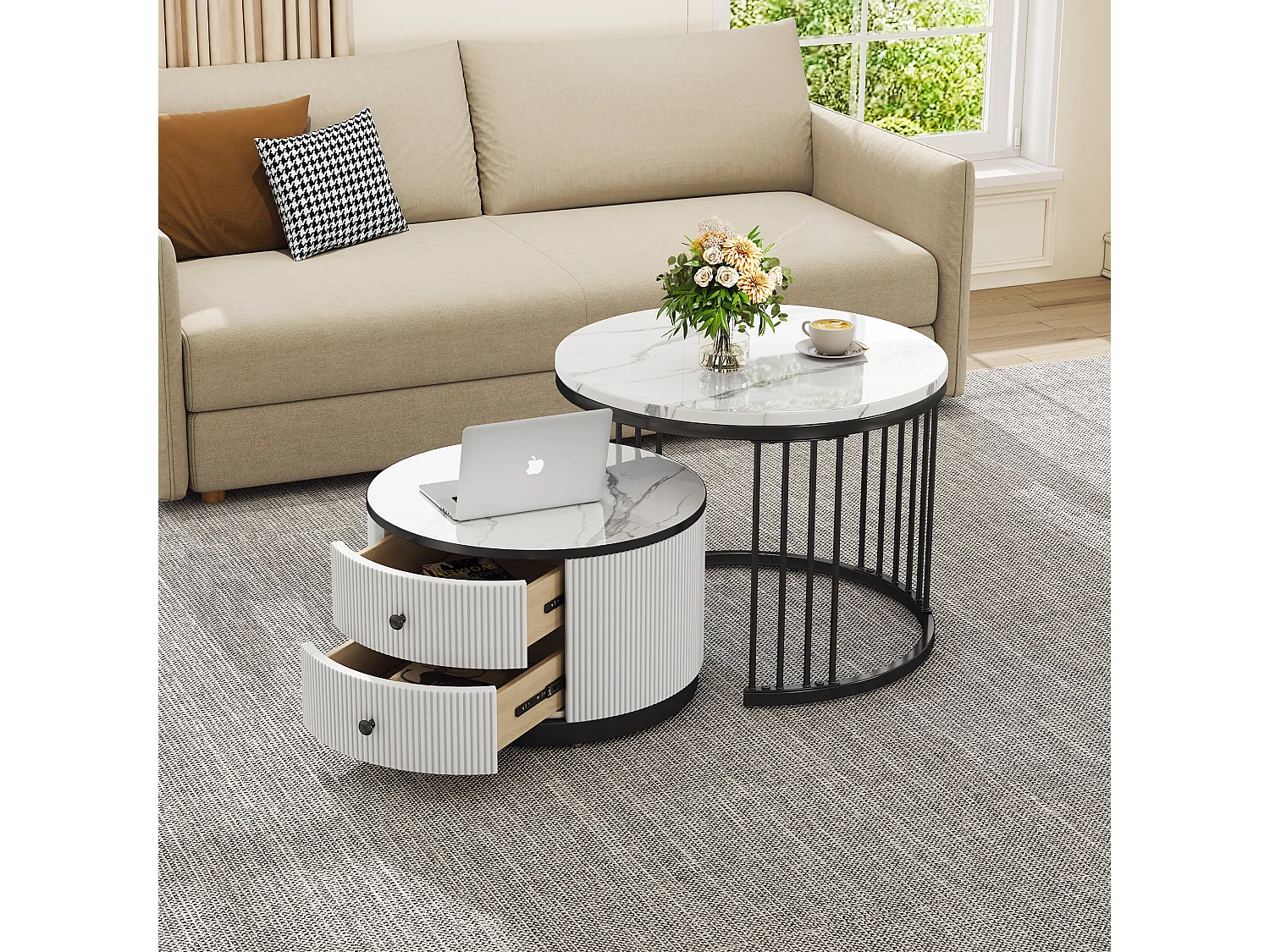 Tables basses gigogne avec 2 tiroirs - Plateau effet marbre brillant - Noir et blanc