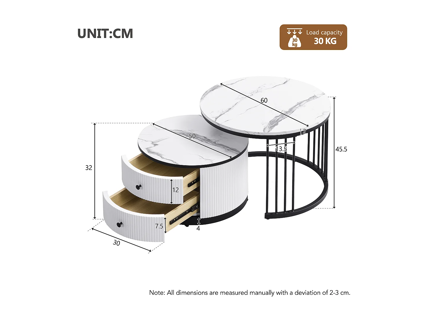 Tables basses gigogne avec 2 tiroirs - Plateau effet marbre brillant - Noir et blanc