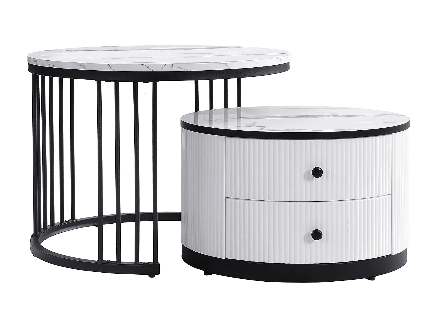 Tables basses gigogne avec 2 tiroirs - Plateau effet marbre brillant - Noir et blanc