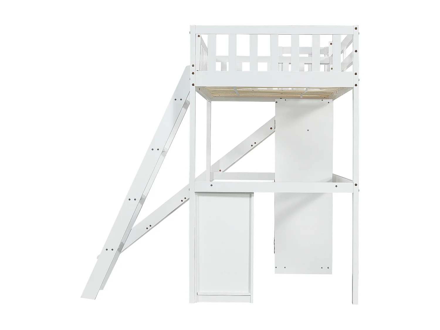 Cama alta infantil 90x200cm con escritorio, armario y almacenaje - Pino + MDF - Blanco