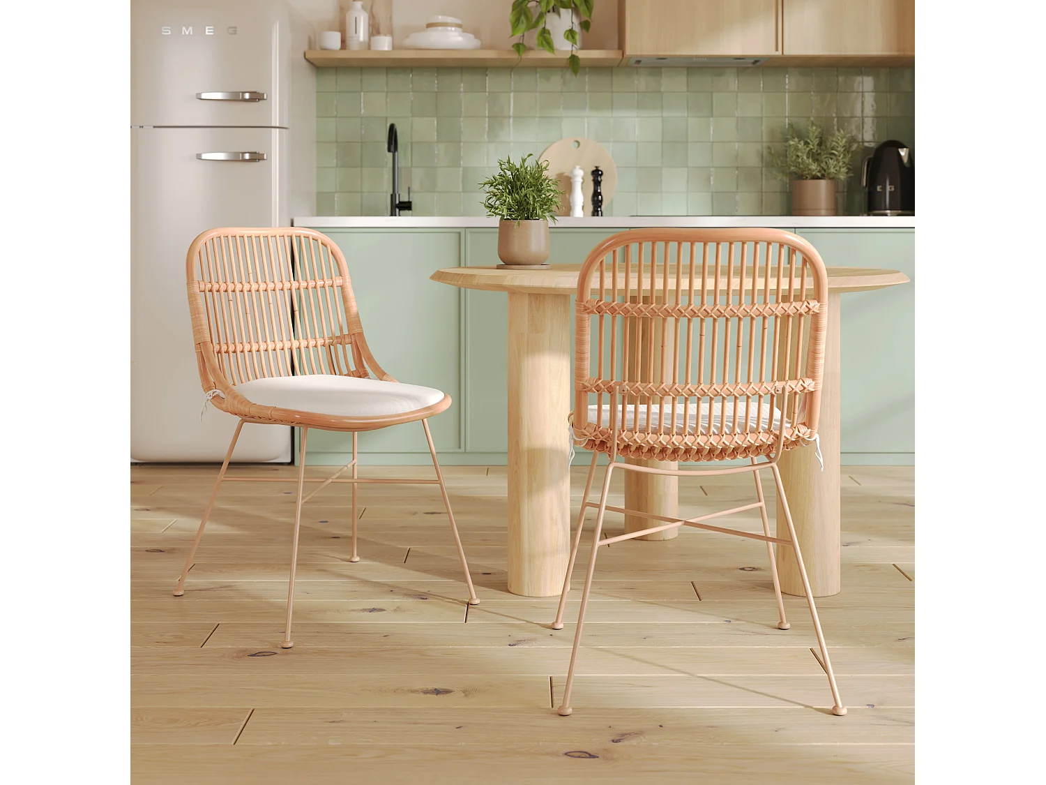 Lot de 2 chaises en rotin beige et pieds en métal beige - Moon