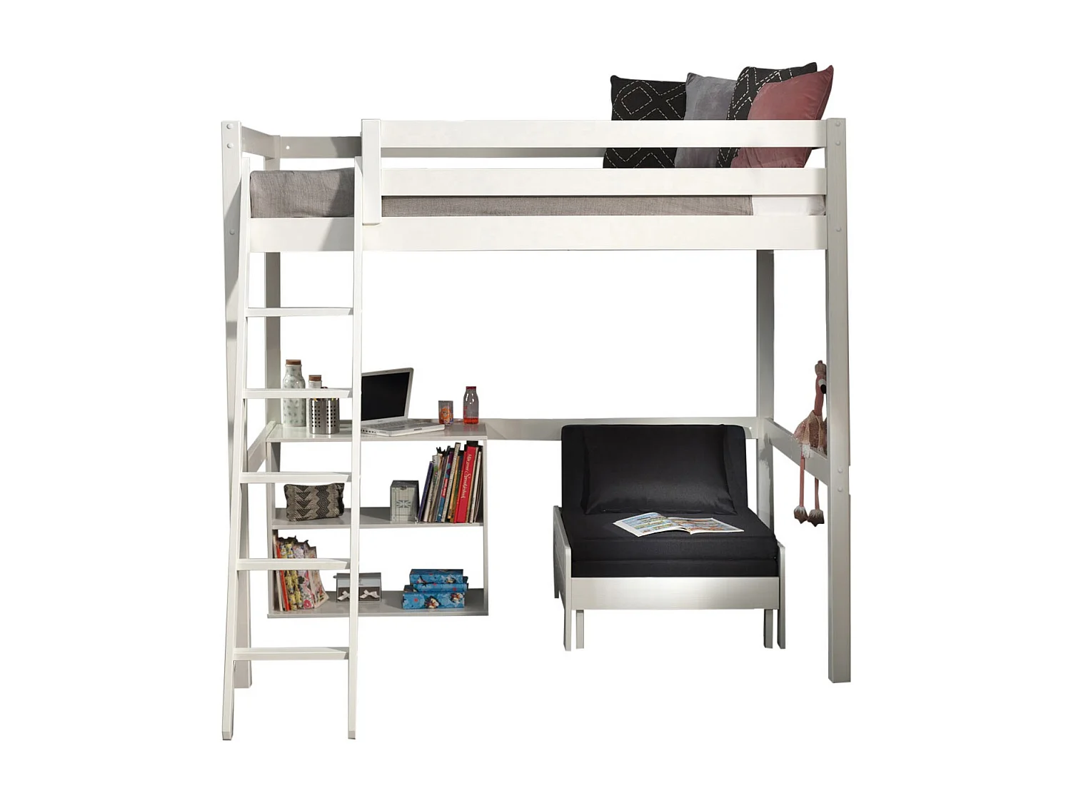 Pack - Lit Mezzanine Enfant, Bibliothèque & Fauteuil-Lit "Pino" Blanc