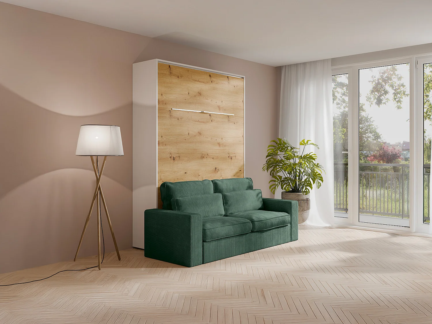 Lit escamotable 160 x 200 cm - Ouverture verticale manuelle - Avec LEDs - Blanc et naturel + Canapé Vert + Matelas  - RAPILI