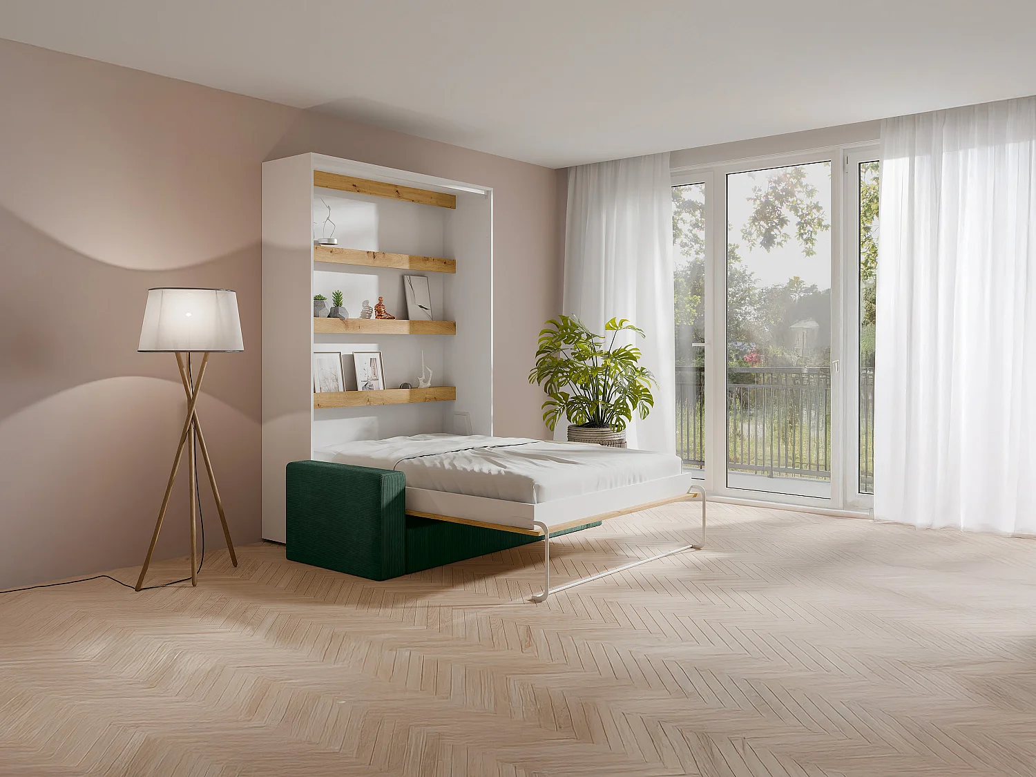 Lit escamotable 160 x 200 cm - Ouverture verticale manuelle - Avec LEDs - Blanc et naturel + Canapé Vert + Matelas  - RAPILI