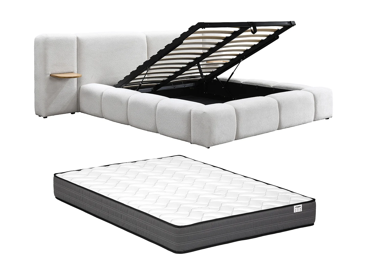 Lit coffre avec chevets 180 x 200cm – Tissu bouclette – Beige + Matelas – VILACO