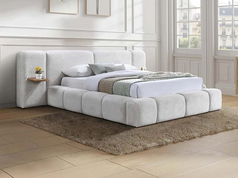 Lit coffre avec chevets 180 x 200cm – Tissu bouclette – Beige + Matelas – VILACO