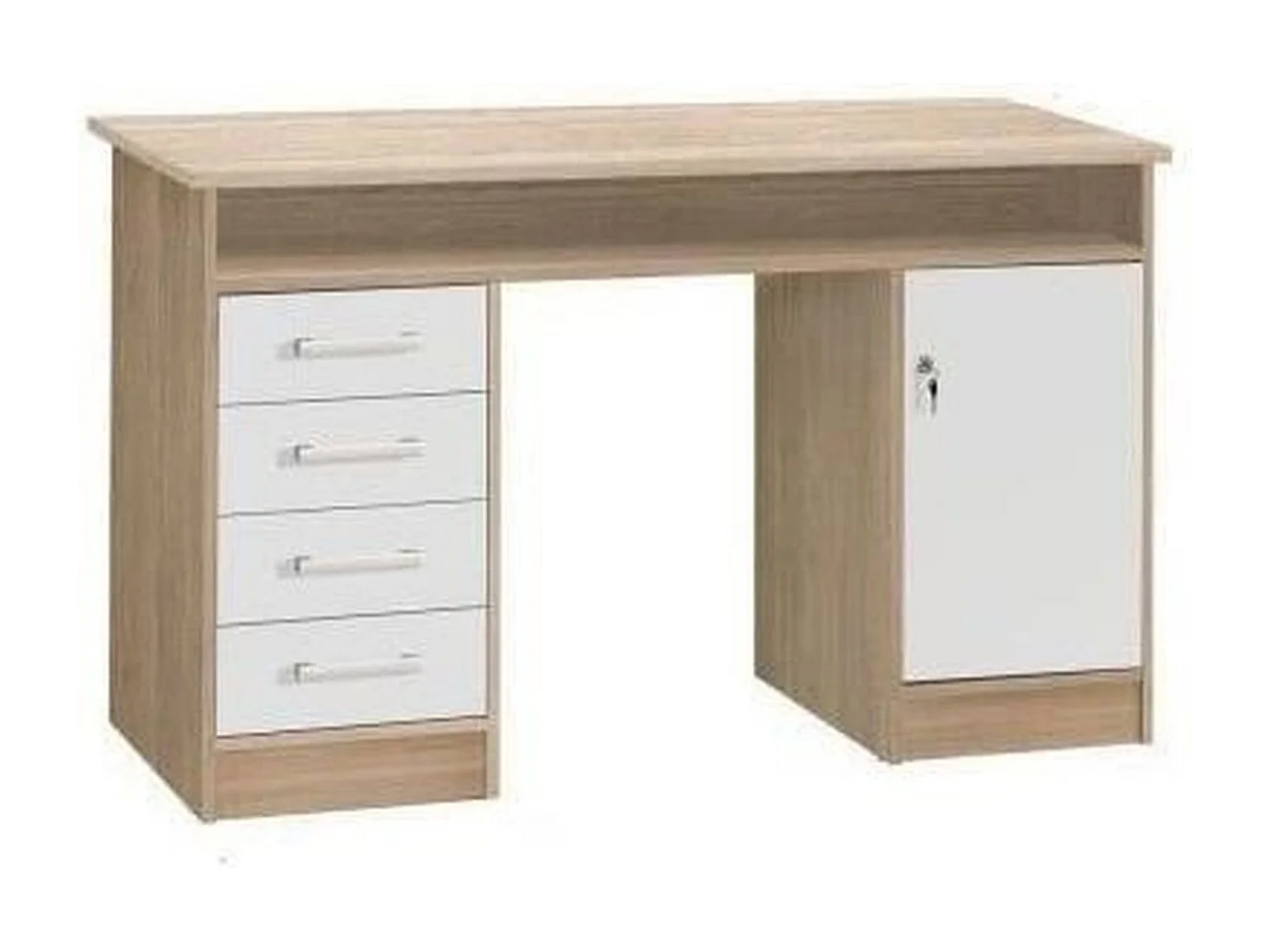 Moderner Schreibtisch ALICANTE Eiche und Weiß 126 cm mit 1 Tür, 4 Schubladen und Ablagefach