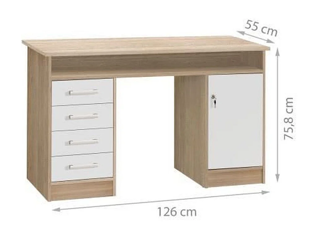 Moderner Schreibtisch ALICANTE Eiche und Weiß 126 cm mit 1 Tür, 4 Schubladen und Ablagefach
