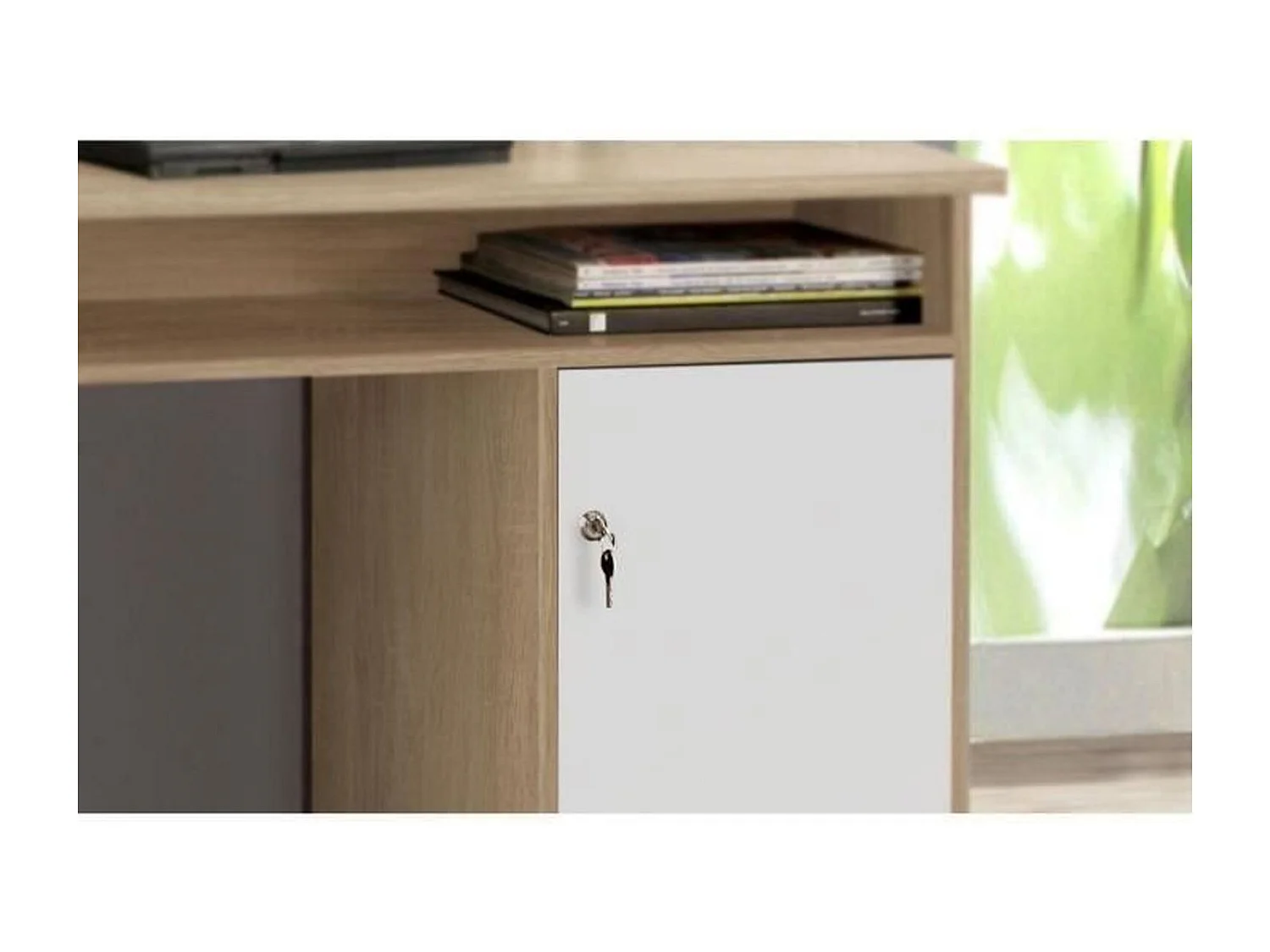 Moderner Schreibtisch ALICANTE Eiche und Weiß 126 cm mit 1 Tür, 4 Schubladen und Ablagefach